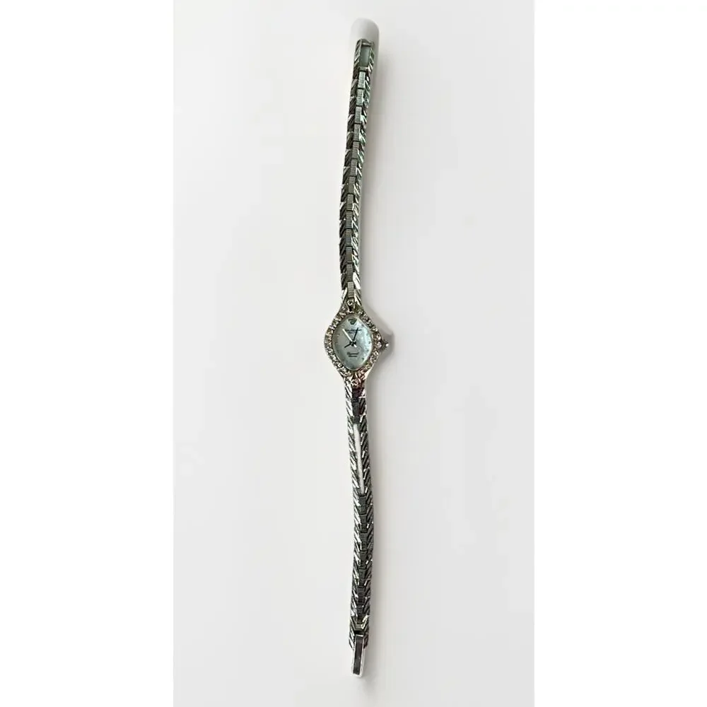 Vintage Jules Jurgensen Silver Tone Quartz Watch Diamond Bezel Women's Bracelet